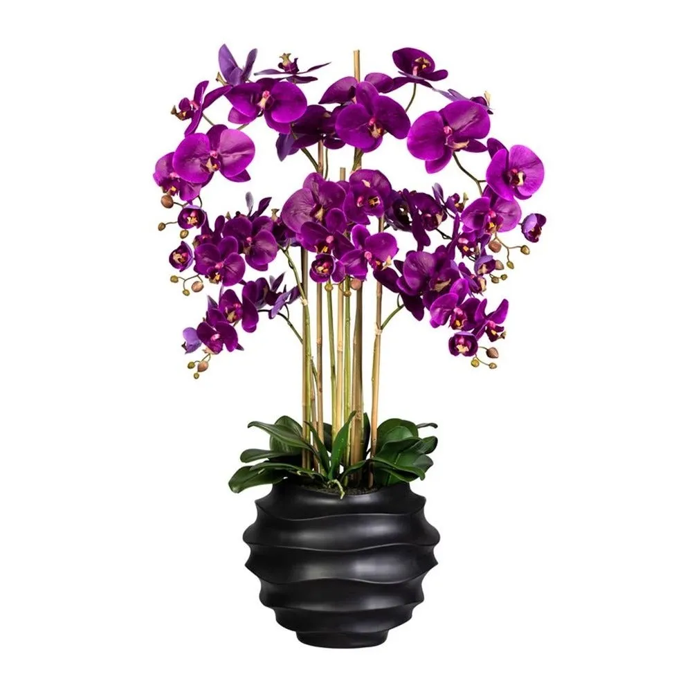 Orchidée factice 7 hampes vase résine noir h105cm d75cm mauve violet